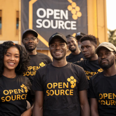 Free open source tribe, group of African people wearing open source tshirts