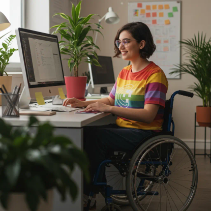 A woman with glasses and short, dark brown hair sits in a wheelchair in a brightly lit office, working on a desktop computer. She wears a colorful t-shirt with a subtle rainbow design. Lush, potted plants create a vibrant and welcoming atmosphere.