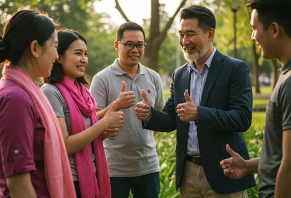 Group of 5 people showing thumbs up to each others