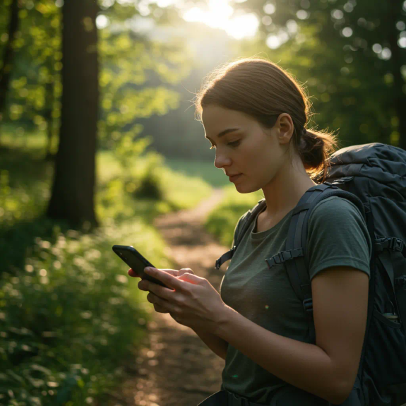 Young women walking in the forest looking at her smartphone